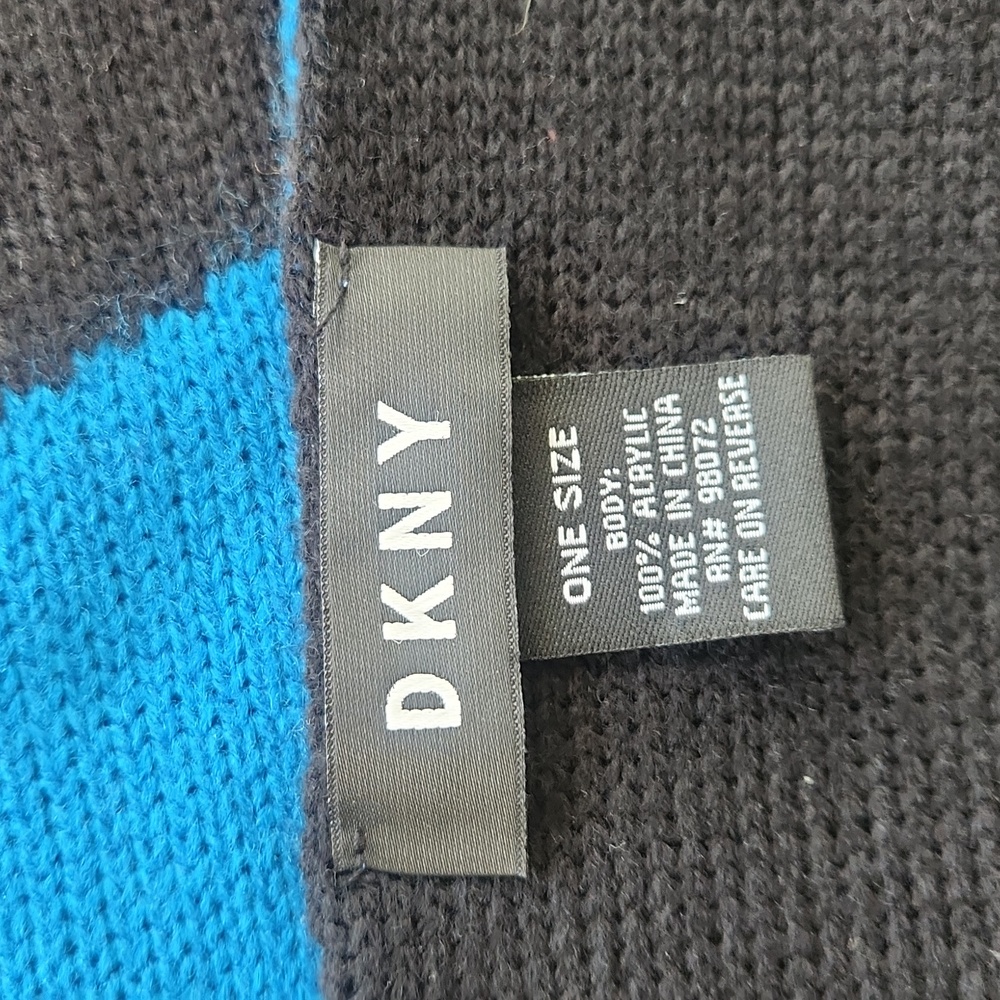 DKNY Womens BOLD Logo Fringe Scarf Wrap Black Blue One Size - Picture 7 of 12